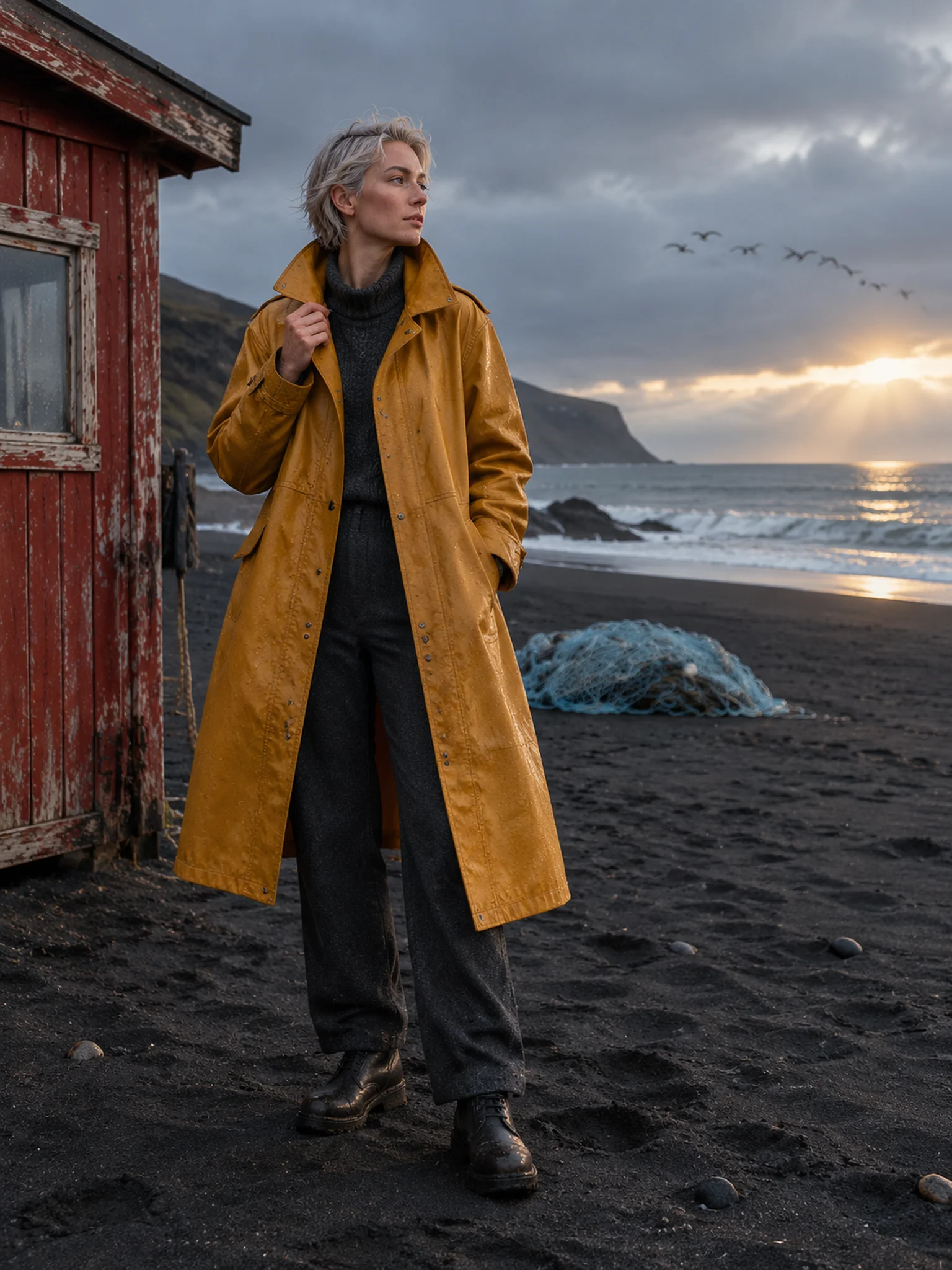 Full-body outdoor fashion portrait on a black-sand coast, with a saffron coat and red rescue hut.