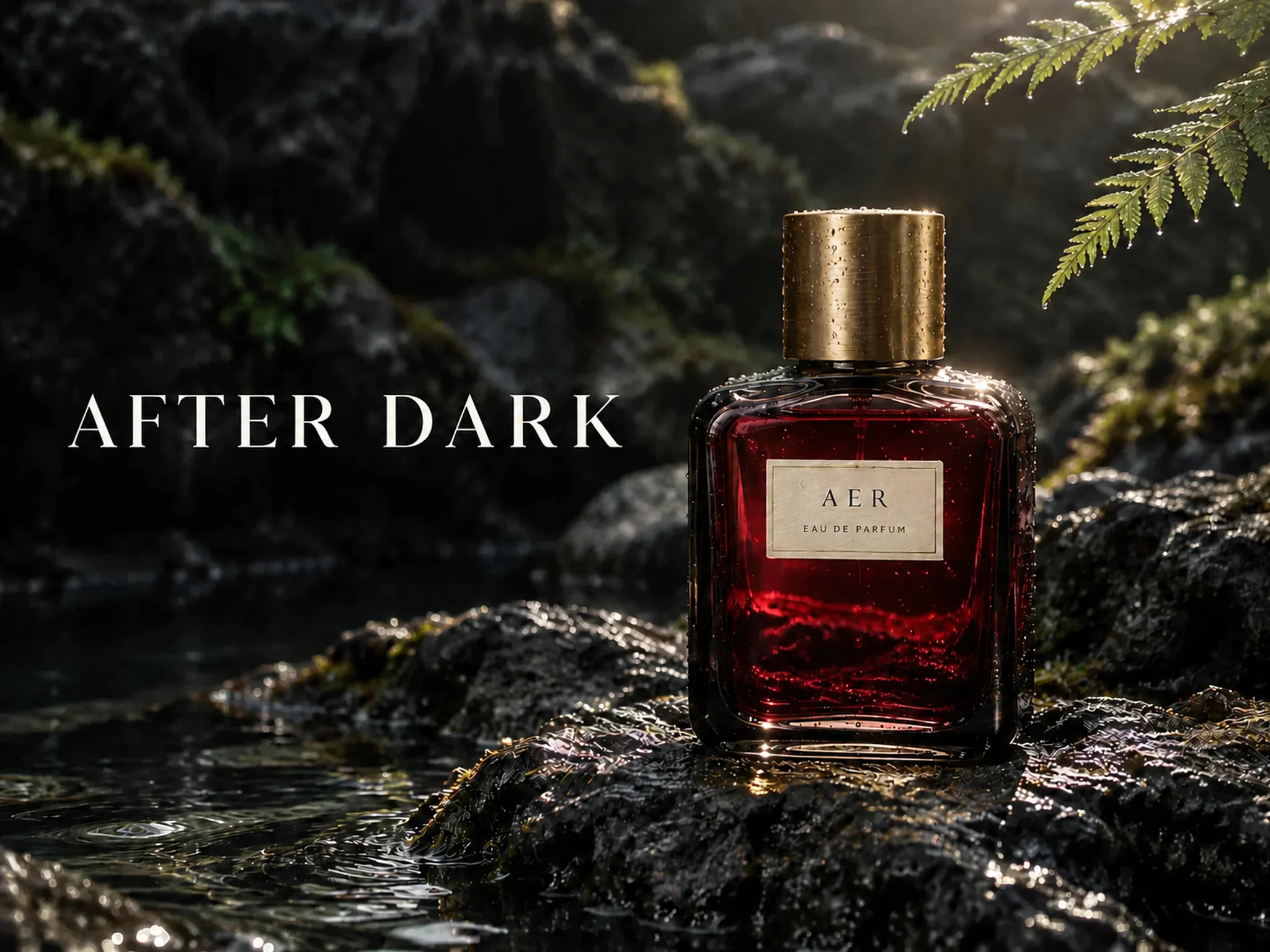 The red-liquid image becomes the next reference. The headline changes to AFTER DARK; compare the images to see what carries through.
