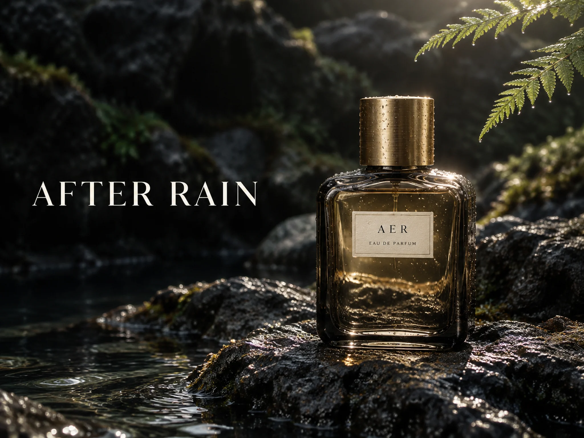 A text prompt creates the fragrance image, including the bottle label, pale amber liquid, and AFTER RAIN headline.