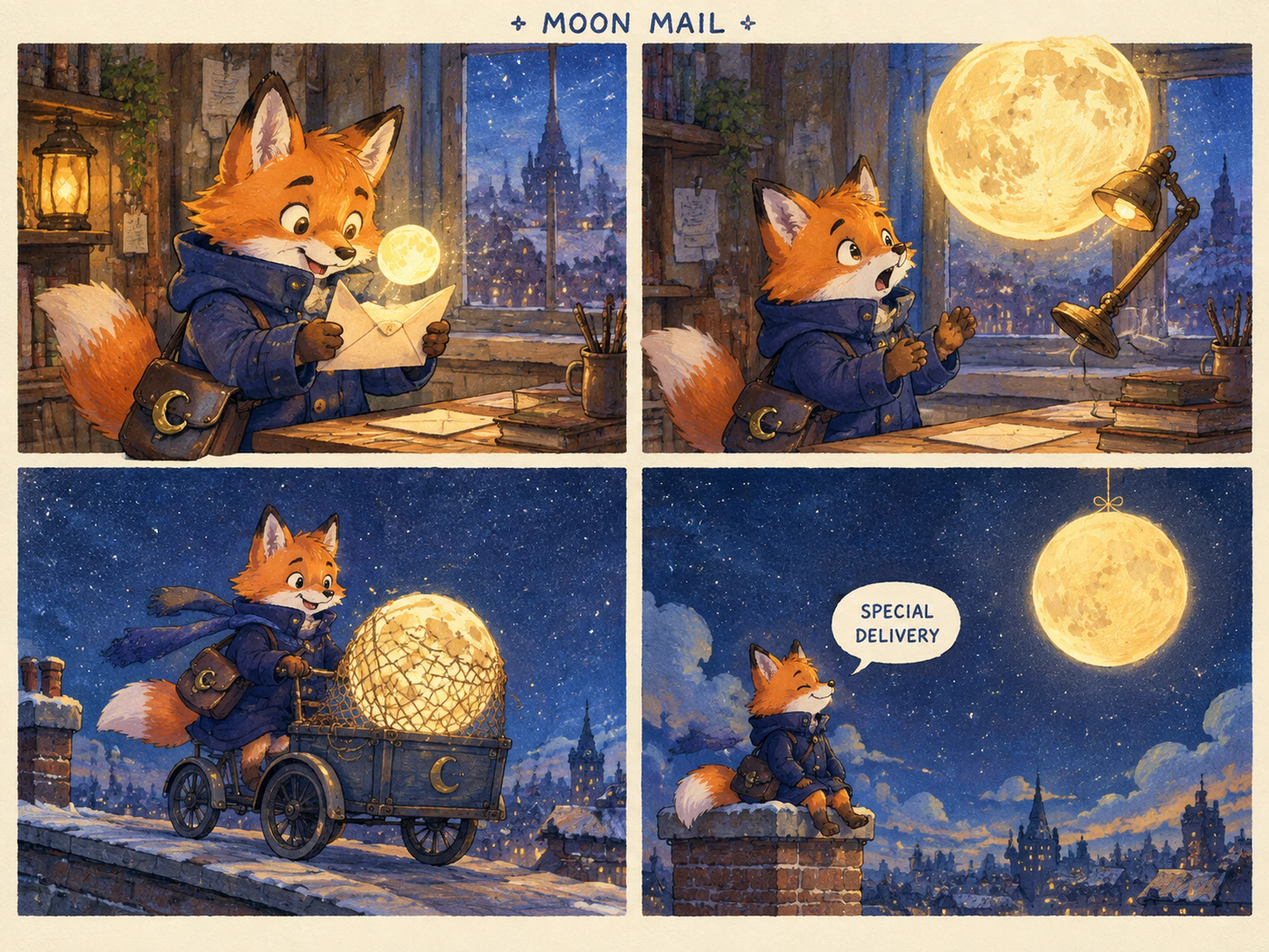 Moon Mail four-panel gouache comic about an orange fox courier delivering a glowing moon.