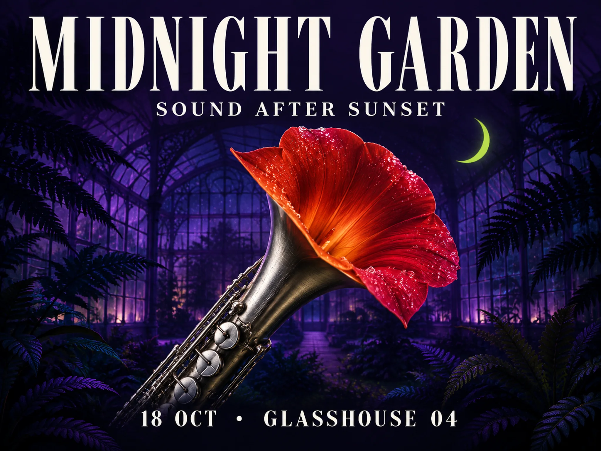 Midnight Garden music poster with a scarlet flower, silver saxophone and ivory lettering.
