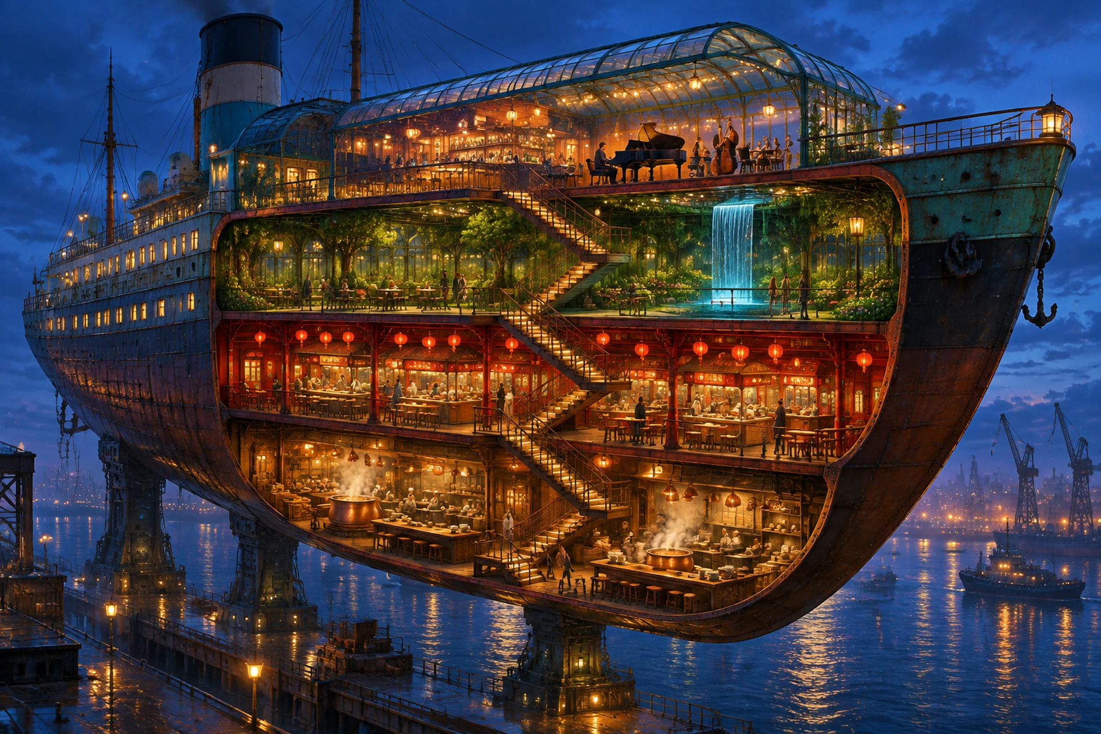 Four-deck cutaway of a suspended ocean liner, with a copper kitchen, lantern market, garden waterfall and glass-roofed jazz bar.